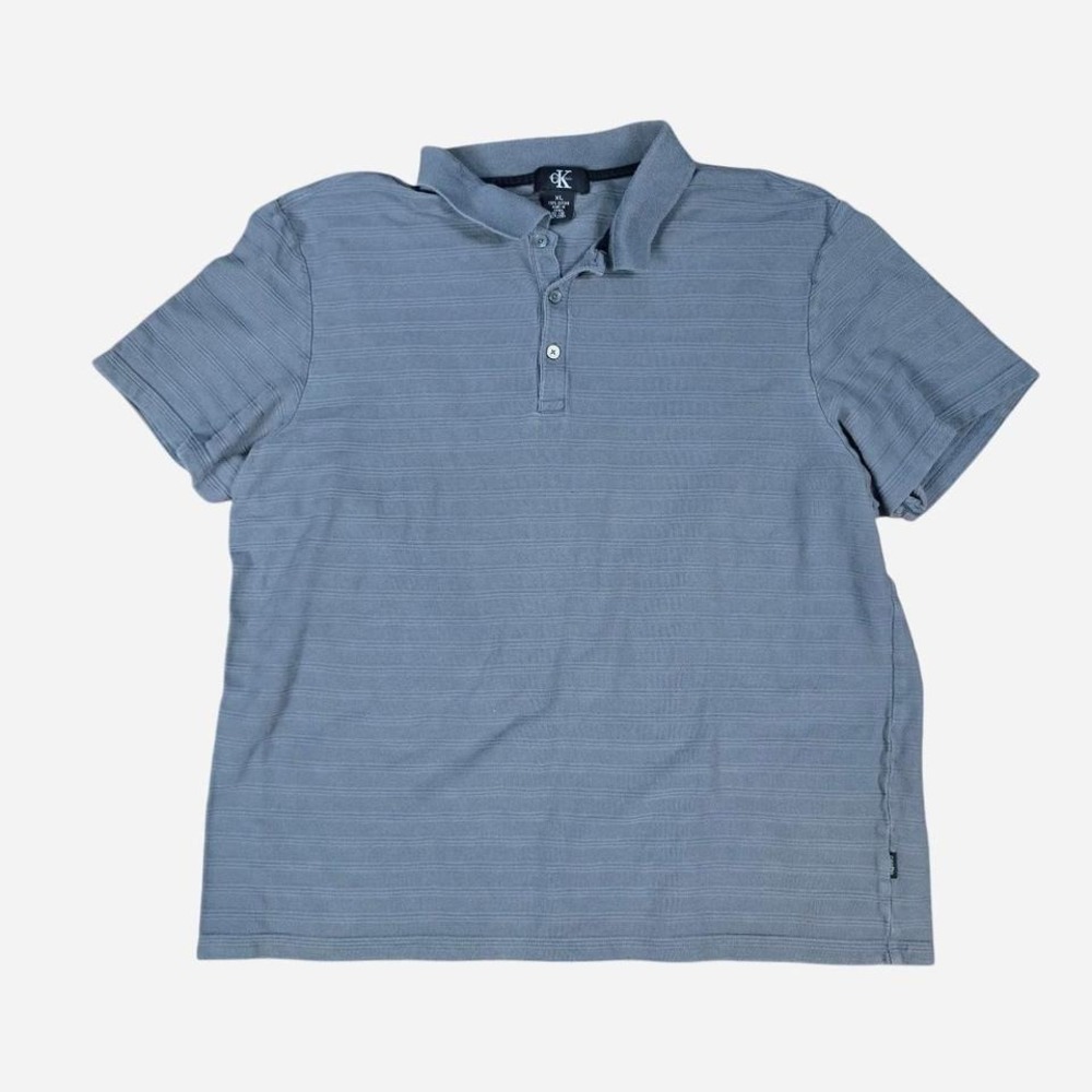 Calvin Klein Polo Shirt Mens XL Blue Grey Good Textured Stripe Cotton